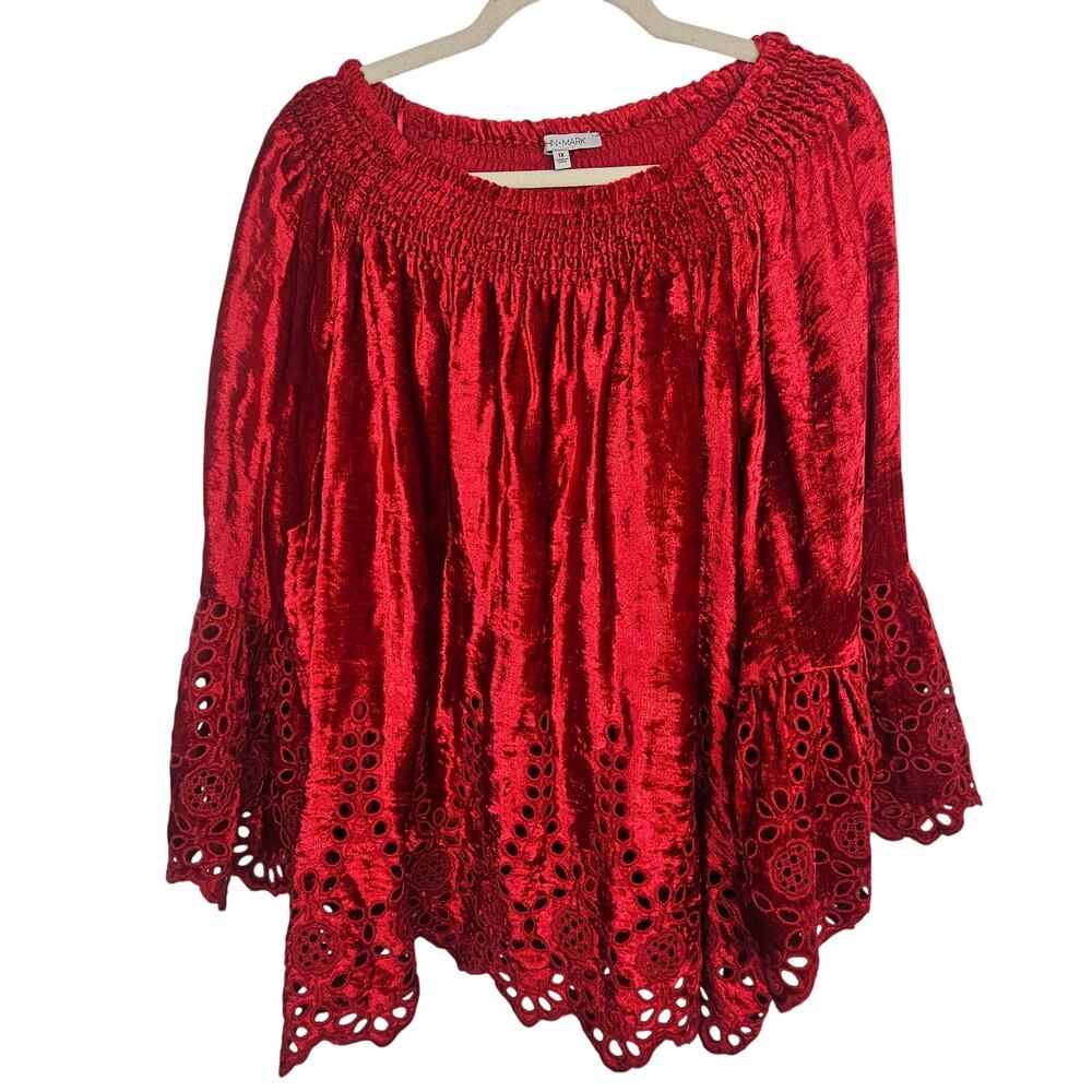 John Mark Womens Velvet Smocked Off The Shoulder Top Size 1X Eyelet Embroidered